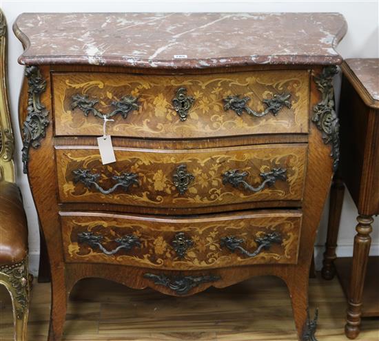 A Louis XV style marquetry inlaid kingwood bombe commode W.96cm